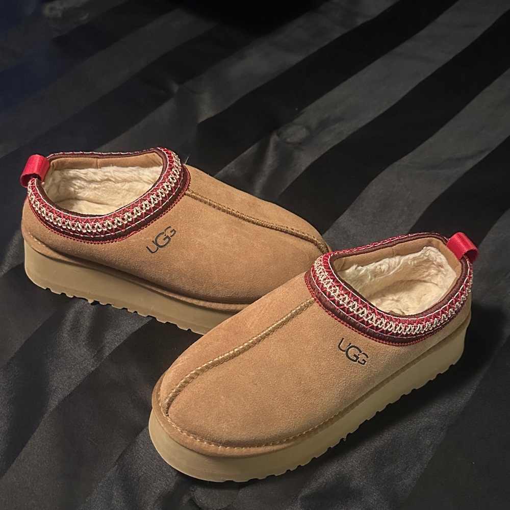 UGG Tasman Brown Suede Slip-Ons with Red Trim